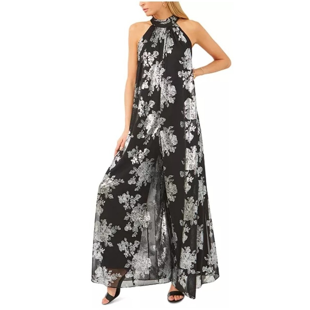 Msk Women's Black Metallic Floral-Print Halter Wide-Leg‎ Jumpsuit Size Small New